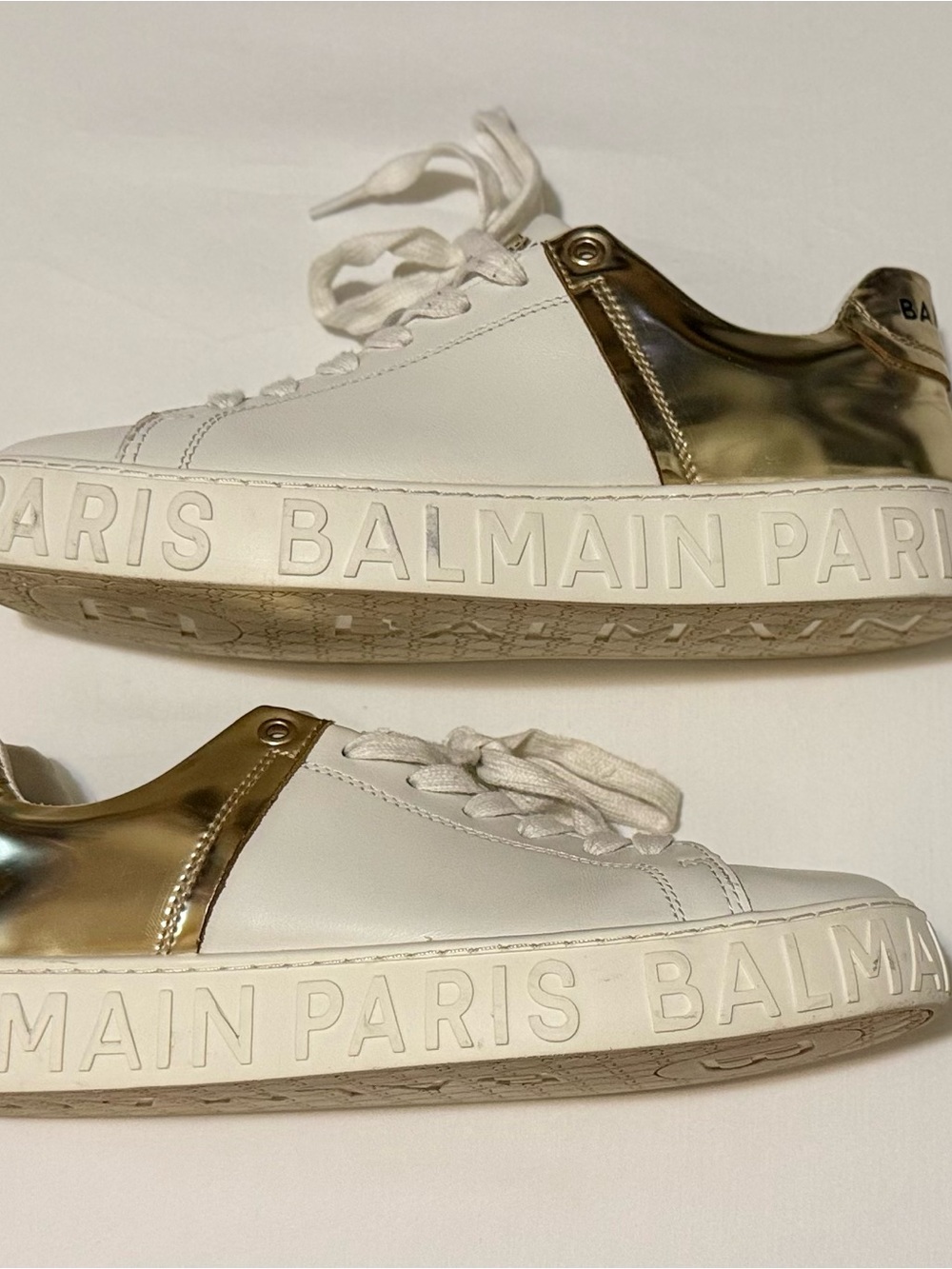 Balmain Paris White & Metallic Gold B-Court Low-Top Sneakers - Picture 3 of 7